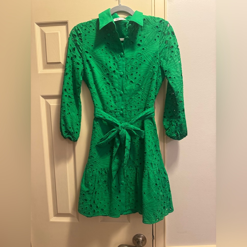 Zara Emerald Eyelet Tie-Waist Mini Dress